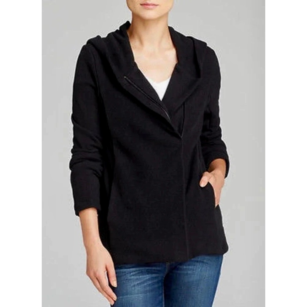 JAMES PERSE‎ Black Cotton Ribbed Sleeves Hooded Fleece Zip Jacket Size 3 / Large